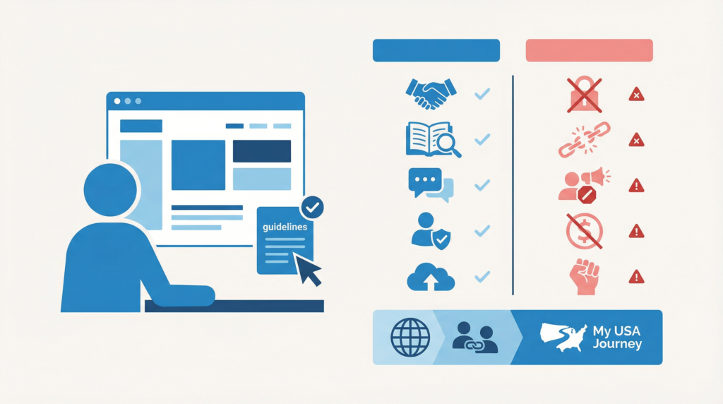 Flat illustration showing user responsibilities and acceptable use rules on an informational website for international users.