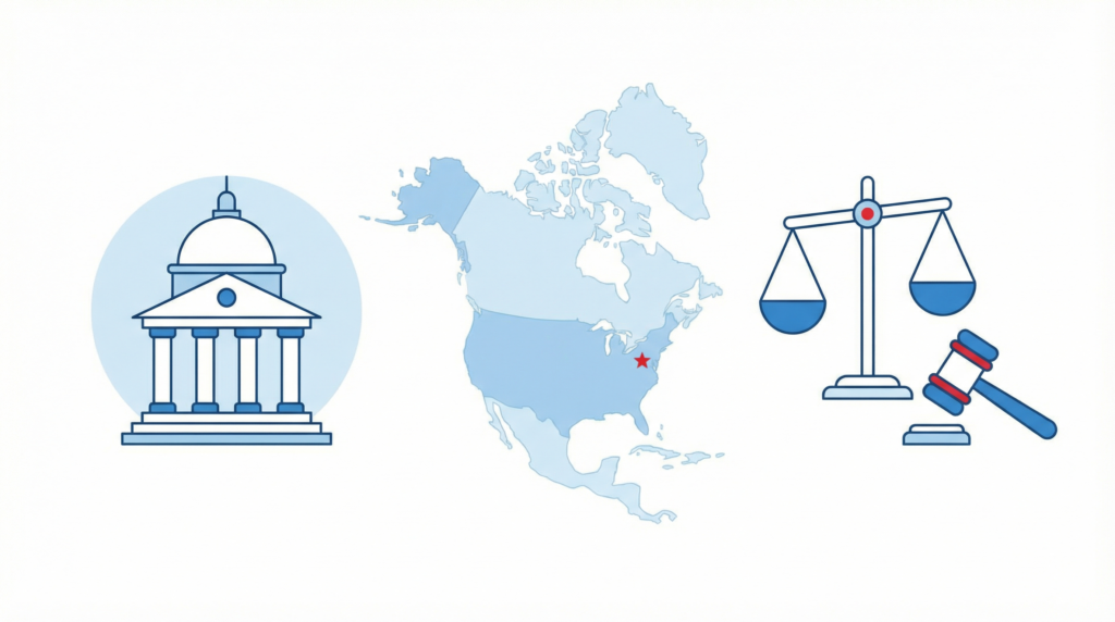 Flat illustration representing governing law and jurisdiction under United States law for an international informational platform.