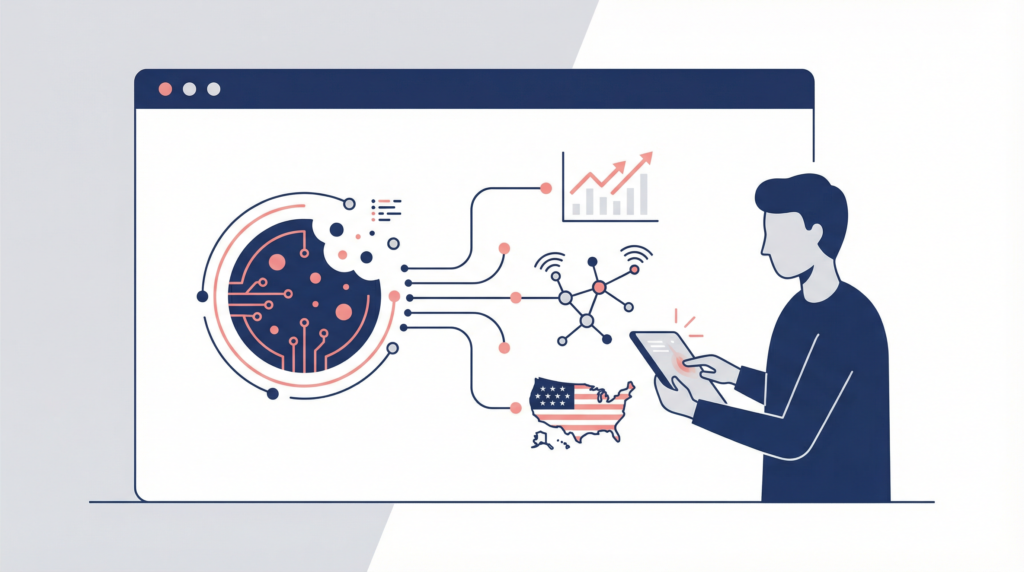 Flat illustration representing cookies and tracking technologies used on an informational website for international users.