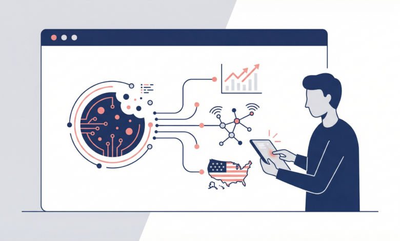 Cookie policy: My USA Journey 2026 Flat illustration representing cookies and tracking technologies used on an informational website for international users.