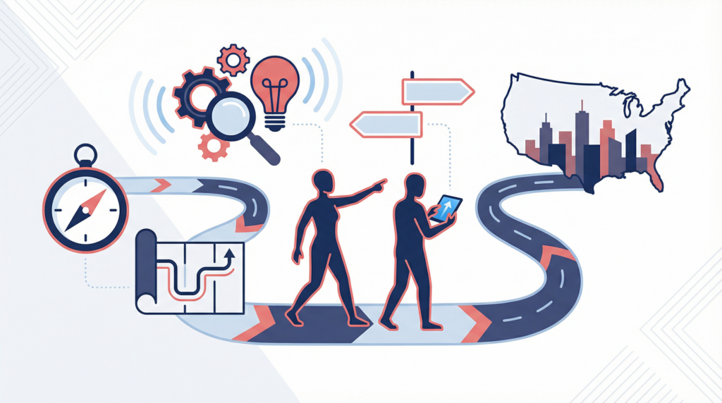 About My USA Journey: Flat illustration representing guidance and mission of an informational platform helping international users understand life and immigration in the United States.
