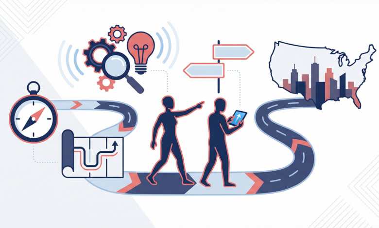 About My USA Journey: Flat illustration representing guidance and mission of an informational platform helping international users understand life and immigration in the United States.