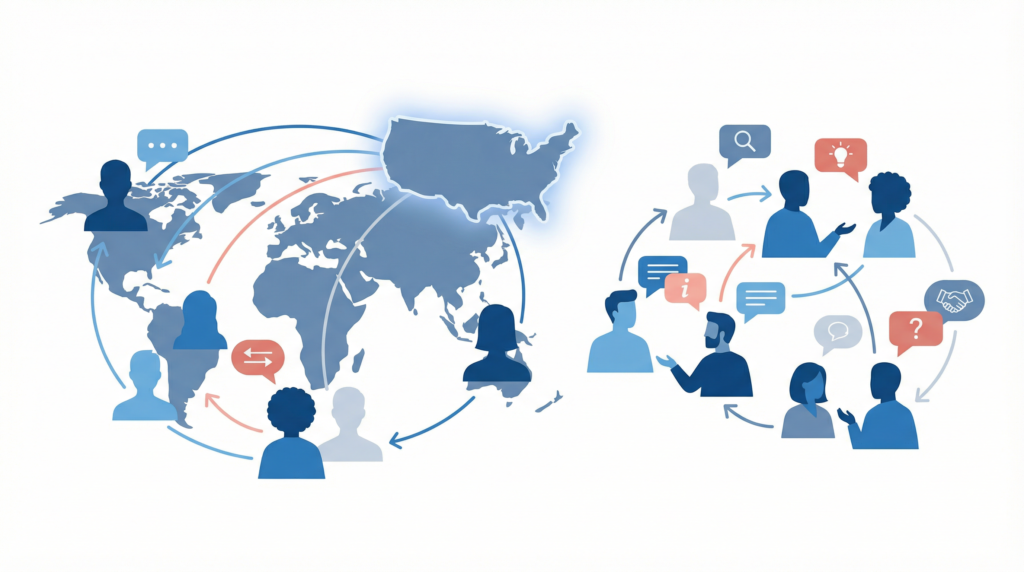 About My USA Journey: About My USA Journey: Flat illustration showing international users exchanging information and experiences on a United States immigration information platform.