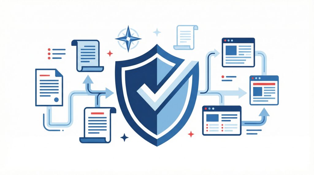 About My USA Journey 2026: Flat illustration representing independence, reliability, and trusted information on an immigration and U.S. life guidance website.