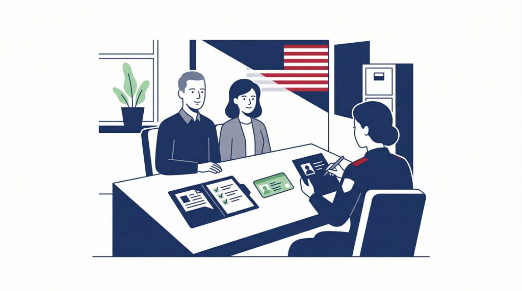 Green card through marriage: Step-by-step guide (2026) Flat illustration showing a couple attending a marriage green card interview with an immigration officer in the United States.