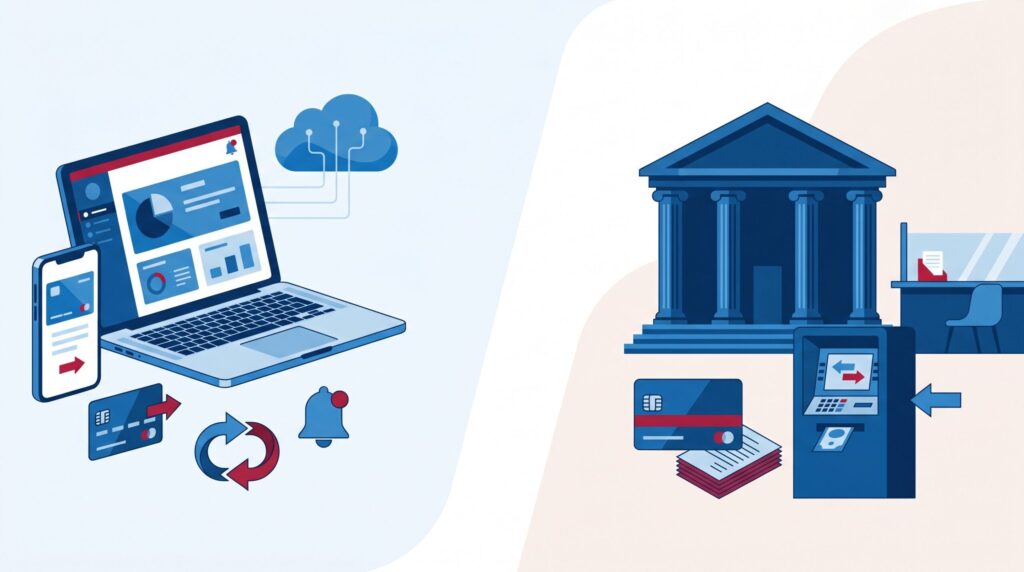 Online banks vs traditional banks business checking comparison illustration